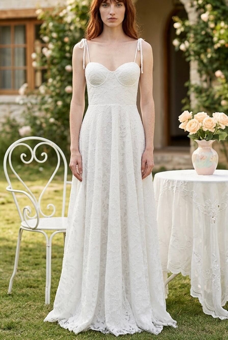 Sweetheart Bustier White Wedding Dress M Shoulder Ties Sheer Burnout Overlay